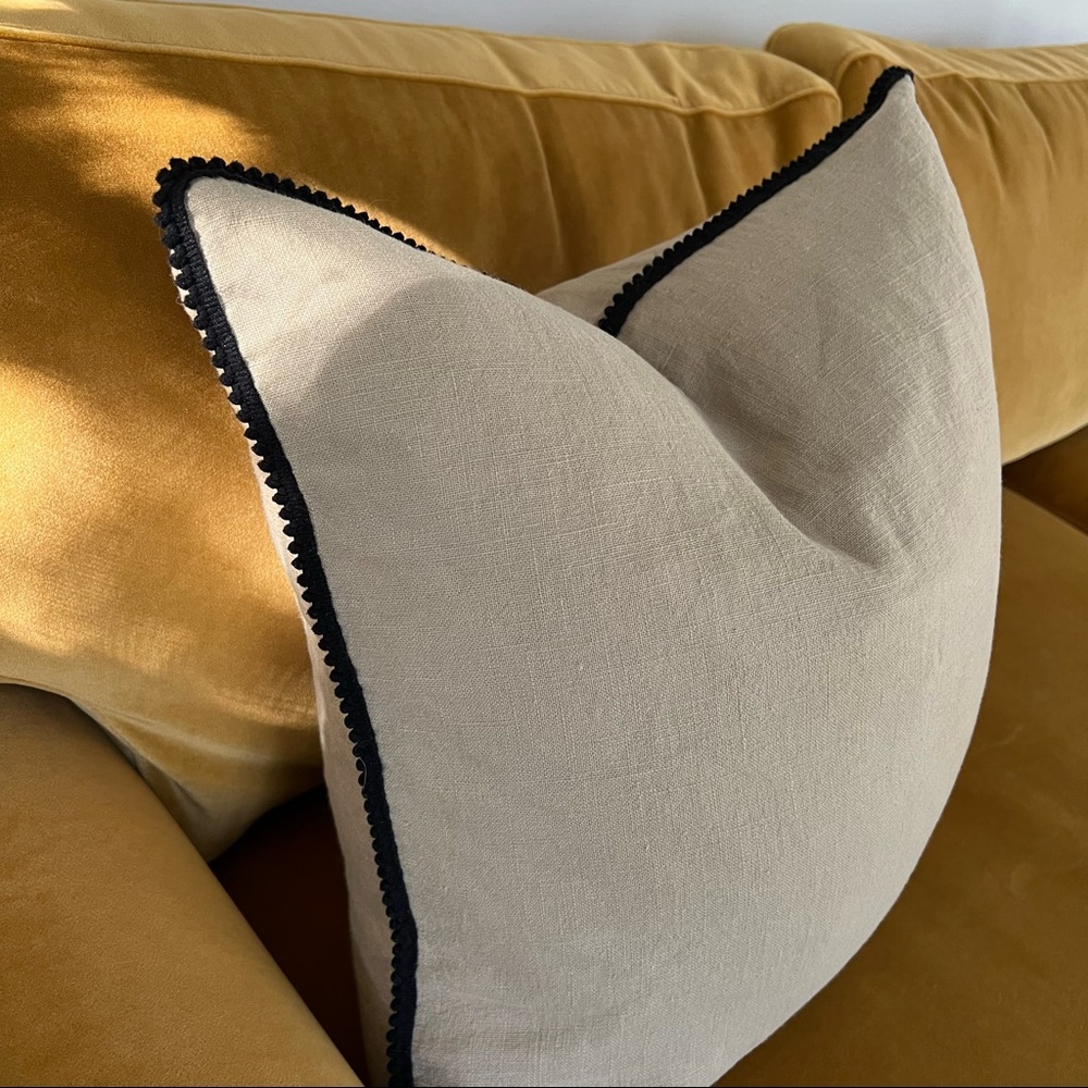 Tan Linen Pillow Cover with Black Pom Pom Trim 20x20